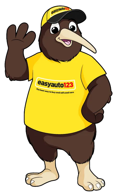 Cartoon Kiwi mascot waving and smiling, wearing an easyauto123 uniform.